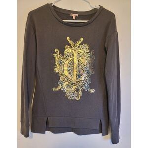 Juicy Couture Womens XS Sweatshirt Gray Gold Graphic Print Rhinestones Pullover